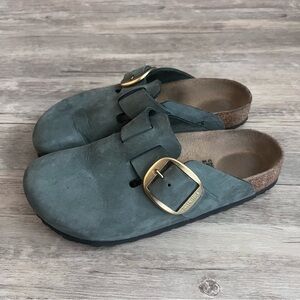 Birkenstock Green Suede Boston Clogs with Gold Buckles